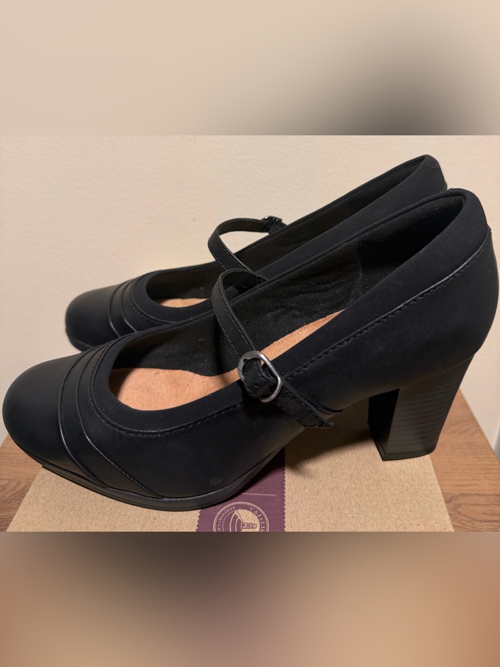 Clarks Black Mary Jane Leather Heel with Strap - Picture 2 of 8